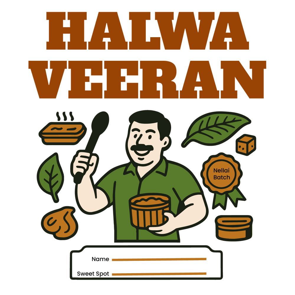 Halwa maker illustration with sweets and Nellai badge, customizable banner for name or batch/tagline.