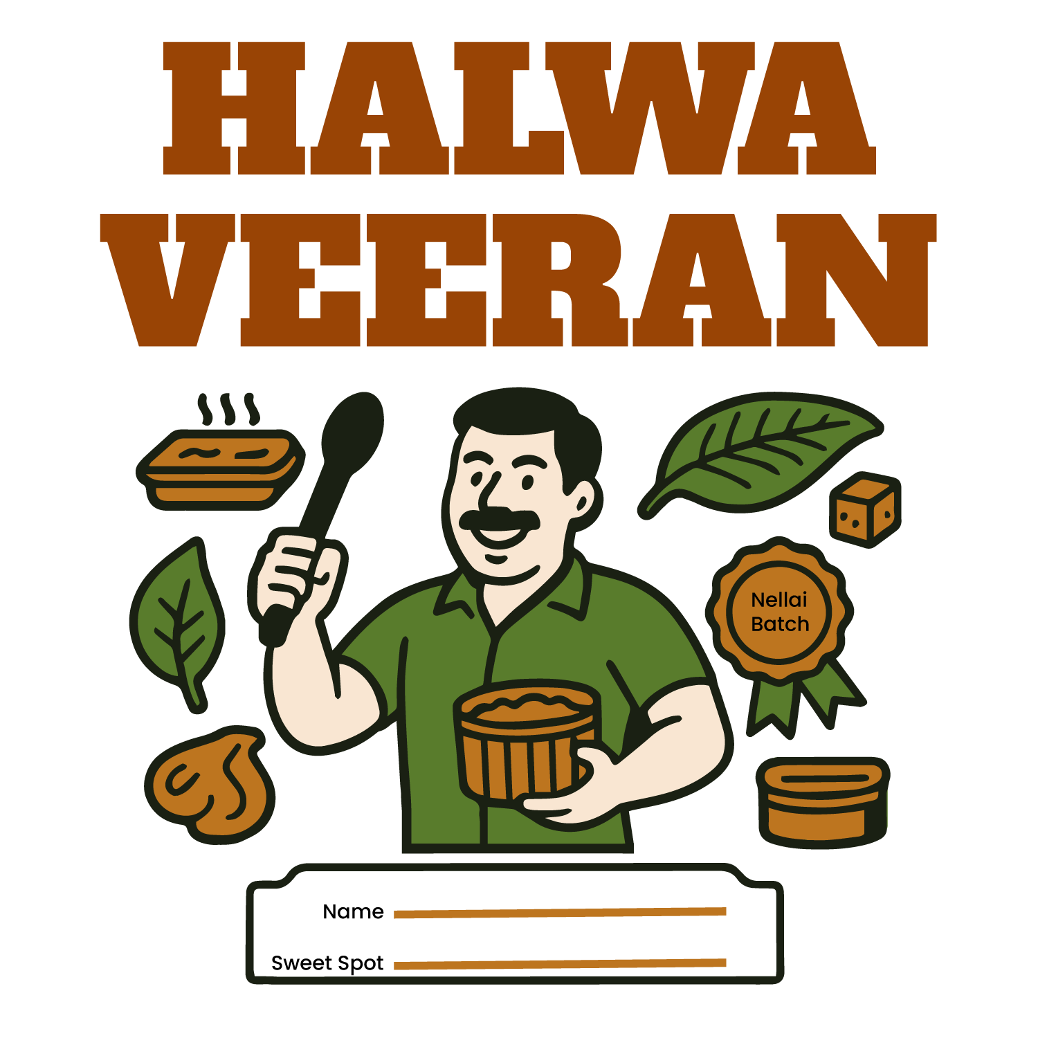 Halwa maker illustration with sweets and Nellai badge, customizable banner for name or batch/tagline.