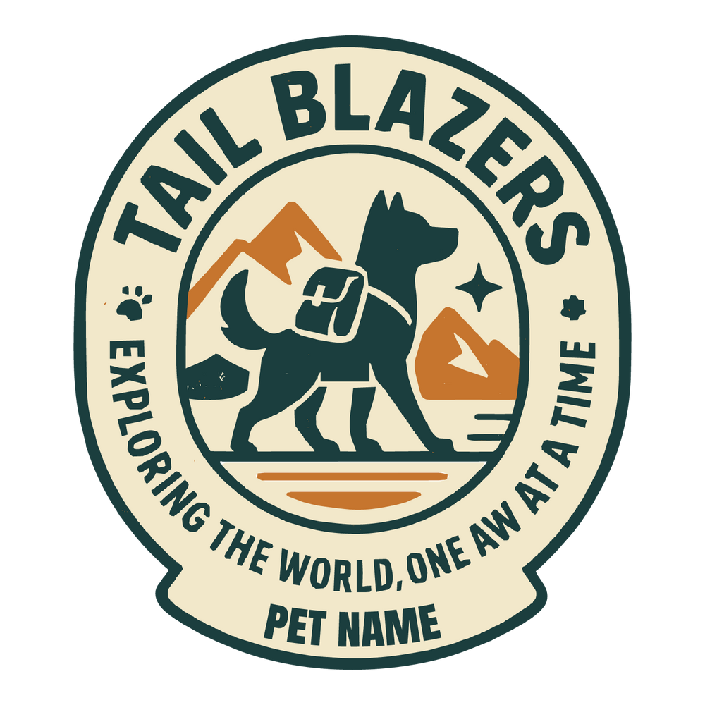 Adventure “Tail Blazers” custom dog T-shirt with mountain badge design, hiking dog, and editable pet name.