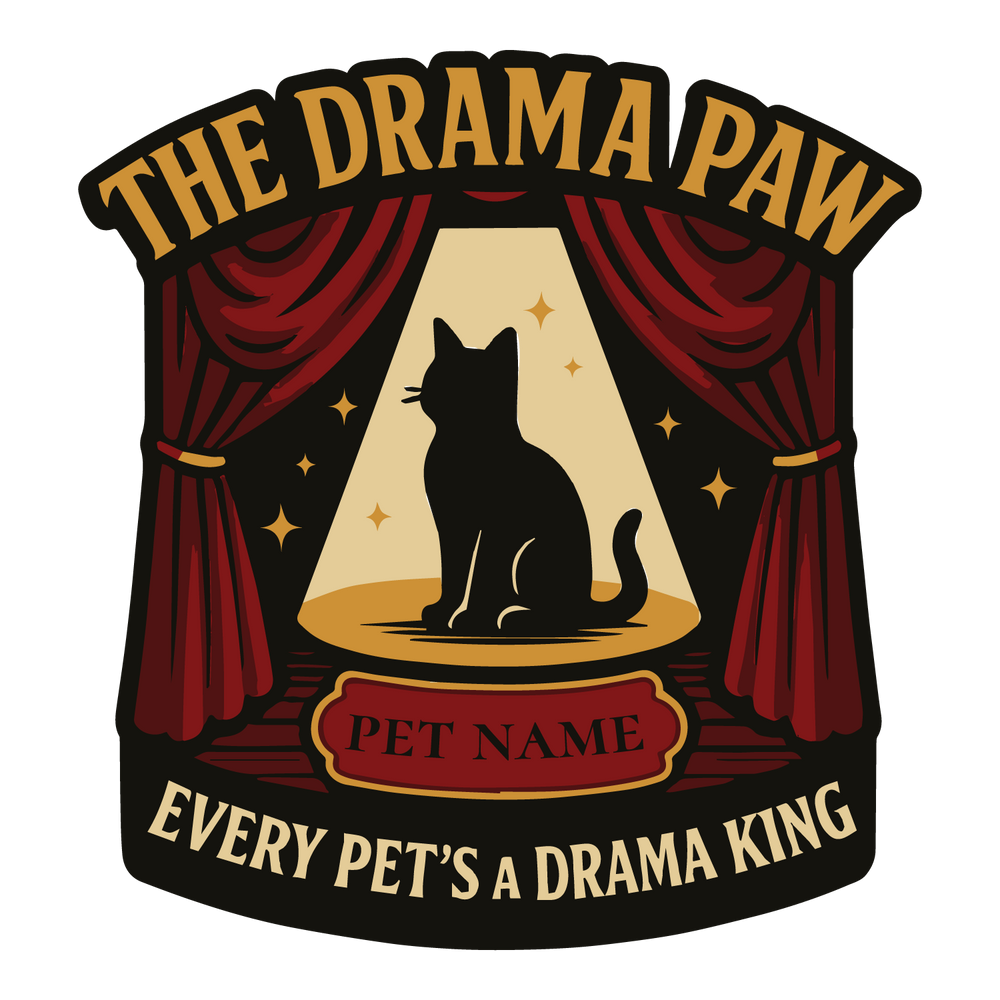 Cat silhouette on stage with curtains and spotlight, customizable with pet name.